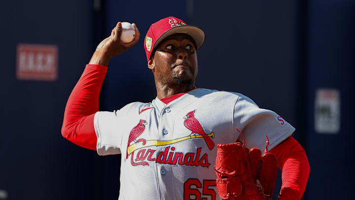 Feb 14, 2026; Jupiter, FL, USA; St. Louis Cardinals pitcher George Soriano (65) delivers a pitch during a spring training workout at Roger Dean Chevrolet Stadium. Mandatory Credit: Sam Navarro-Imagn Images