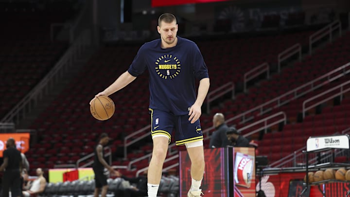 Denver Nuggets center Nikola Jokic (15) practices before the game against the Houston Rockets at Toyota Center. Mandatory Credit: Troy Taormina-Imagn Images