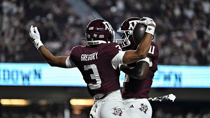 Sep 5, 2026; College Station, Texas, USA; Texas A&M Aggies wide receiver Aaron Gregory (3) celebrates scoring a touchdown with teammates wide receiver Kelshaun Johnson (11) during the fourth quarter against the Missouri State Bears at Kyle Field. Mandatory Credit: Maria Lysaker-Imagn Images