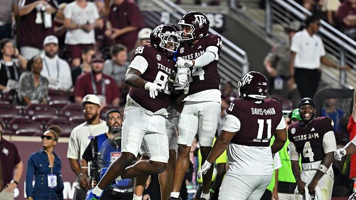 Sep 5, 2026; College Station, Texas, USA; Texas A&M Aggies defensive tackle DJ Sanders (88) his fumble recovery during the fourth quarter against the Missouri State Bears at Kyle Field. Mandatory Credit: Maria Lysaker-Imagn Images