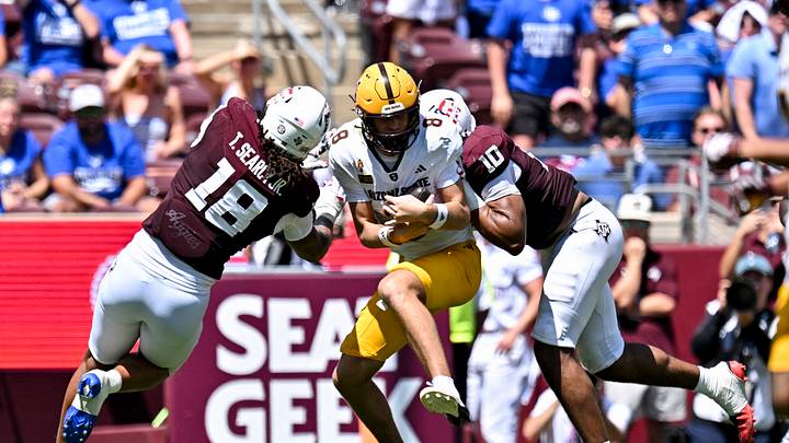 Sep 12, 2026; College Station, Texas, USA; Texas A&M Aggies defensive end Marco Jones (10) sacks Arizona State Sun Devils quarterback Cutter Boley (8) during the third quarter at Kyle Field. Mandatory Credit: Maria Lysaker-Imagn Images Sep 12, 2026; College Station, Texas, USA; Texas A&M Aggies defensive end Marco Jones (10) sacks Arizona State Sun Devils quarterback Cutter Boley (8) during the third quarter at Kyle Field. Mandatory Credit: Maria Lysaker-Imagn Images