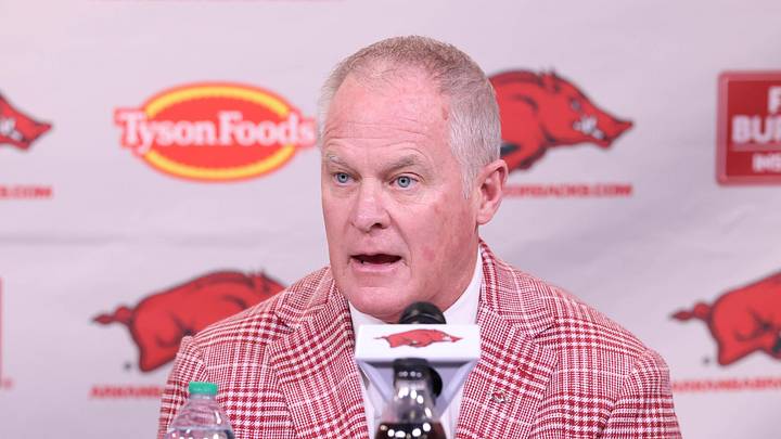 Dec 4, 2025; Fayetteville, AR, USA; Arkansas Razorbacks vice chancellor and director of athletics Hunter Yurachek speaks during the introductory press conference for head coach Ryan Silverfield (not pictured) at Frank Broyles Center. Mandatory Credit: Nelson Chenault-Imagn Images Dec 4, 2025; Fayetteville, AR, USA; Arkansas Razorbacks vice chancellor and director of athletics Hunter Yurachek speaks during the introductory press conference for head coach Ryan Silverfield (not pictured) at Frank Broyles Center. Mandatory Credit: Nelson Chenault-Imagn Images