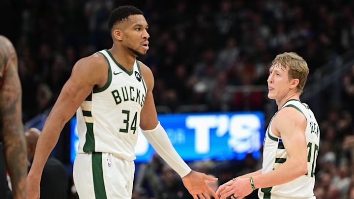 Jan 4, 2025; Milwaukee, Wisconsin, USA;  Milwaukee Bucks forward Giannis Antetokounmpo (34) and guard AJ Green (20) reacts in the fourth quarter against the Portland Trail Blazers at Fiserv Forum. Mandatory Credit: Benny Sieu-Imagn Images
