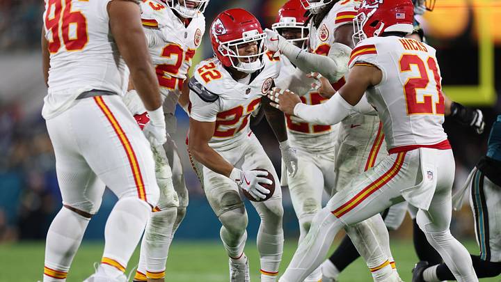 Oct 6, 2025; Jacksonville, Florida, USA; Kansas City Chiefs cornerback Trent McDuffie (22) celebrates after an interception during the second half against the Jacksonville Jaguars at EverBank Stadium. Mandatory Credit: Nathan Ray Seebeck-Imagn Images Oct 6, 2025; Jacksonville, Florida, USA; Kansas City Chiefs cornerback Trent McDuffie (22) celebrates after an interception during the second half against the Jacksonville Jaguars at EverBank Stadium. Mandatory Credit: Nathan Ray Seebeck-Imagn Images