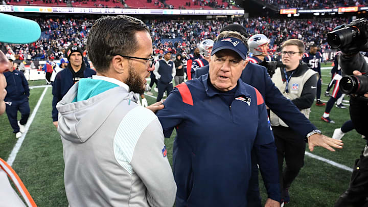 McDaniel shakes Belichick's hand at Gillette Stadium. McDaniel shakes Belichick's hand at Gillette Stadium.