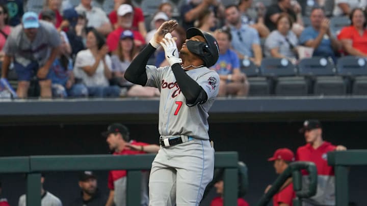 Rocket City infielder Christian Moore (7) celebrates hitting a homerun during a minor league baseball game between the Knoxville Smokies and Rocket City Trash Pandas at Covenant Health Park on April 29, 2025. The Knoxville Smokies won 9-6 against the Rocket City Trash Pandas. Rocket City infielder Christian Moore (7) celebrates hitting a homerun during a minor league baseball game between the Knoxville Smokies and Rocket City Trash Pandas at Covenant Health Park on April 29, 2025. The Knoxville Smokies won 9-6 against the Rocket City Trash Pandas.