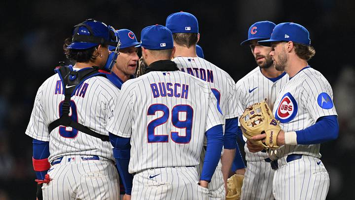 Mar 31, 2026; Chicago, Illinois, USA; Chicago Cubs manager Craig Counsell talks with pitcher Phil Maton (88) and his team during a mound visit against the Los Angeles Angels during the sixth inning at Wrigley Field. Mar 31, 2026; Chicago, Illinois, USA; Chicago Cubs manager Craig Counsell talks with pitcher Phil Maton (88) and his team during a mound visit against the Los Angeles Angels during the sixth inning at Wrigley Field.