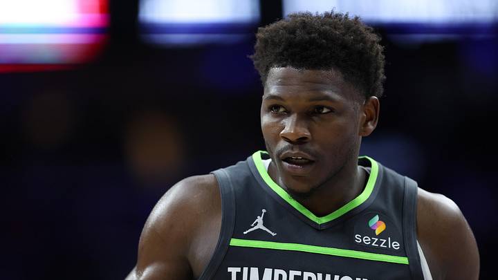 Apr 3, 2026; Philadelphia, Pennsylvania, USA; Minnesota Timberwolves guard Anthony Edwards (5) looks on against the Philadelphia 76ers during the second quarter at Xfinity Mobile Arena. Mandatory Credit: Bill Streicher-Imagn Images
