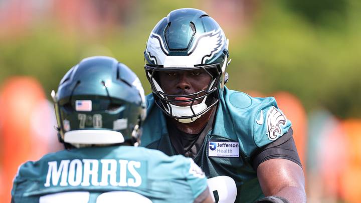 May 1, 2026; Philadelphia, PA, USA; Philadelphia Eagles linemen Markel Bell (R) and Micah Morris (L) run drills during rookie minicamp at NovaCare Complex. Mandatory Credit: Bill Streicher-Imagn Images
