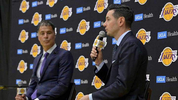 Jun 24, 2024; El Segundo, CA, USA; Los Angeles Lakers general manager Rob Pelinka looks on as head coach JJ Redick speaks to the media during an introductory news conference at the UCLA Health Training Center. Mandatory Credit: Jayne Kamin-Oncea-USA TODAY Sports