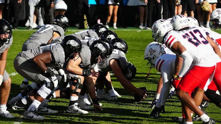 Nov 11, 2023; Boulder, Colorado, USA; Colorado Buffaloes and Arizona Wildcats line up from each other in the third quarter at Folsom Field. Mandatory Credit: Ron Chenoy-Imagn Images