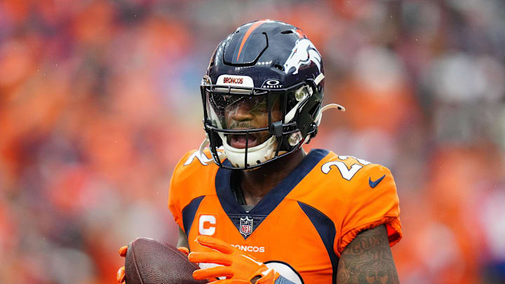 Sep 10, 2023; Denver, Colorado, USA; Denver Broncos safety Kareem Jackson (22) celebrates his