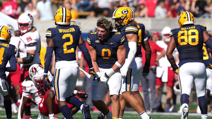 Oct 19, 2024; Berkeley, California, USA; California Golden Bears linebacker Cade Uluave (0) reacts after a tackle against the North Carolina State Wolfpack during the second quarter at California Memorial Stadium. Oct 19, 2024; Berkeley, California, USA; California Golden Bears linebacker Cade Uluave (0) reacts after a tackle against the North Carolina State Wolfpack during the second quarter at California Memorial Stadium.