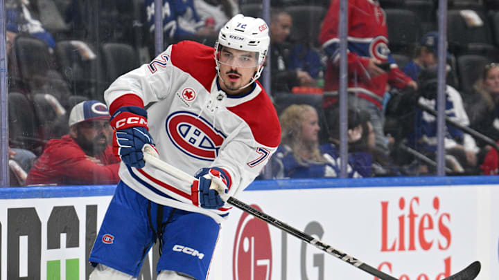 Sep 26, 2024; Toronto, Ontario, CAN;  Montreal Canadiens defenseman Arber Xhekaj (72) warms up before playing the Toronto Maple Leafs at Scotiabank Arena. Mandatory Credit: Dan Hamilton-Imagn Images
