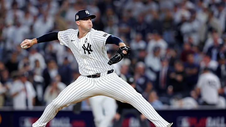 New York Yankees pitcher Clay Holmes (35) pitches seventh inning against the Los Angeles Dodgers in game four of the 2024 MLB World Series at Yankee Stadium. New York Yankees pitcher Clay Holmes (35) pitches seventh inning against the Los Angeles Dodgers in game four of the 2024 MLB World Series at Yankee Stadium.