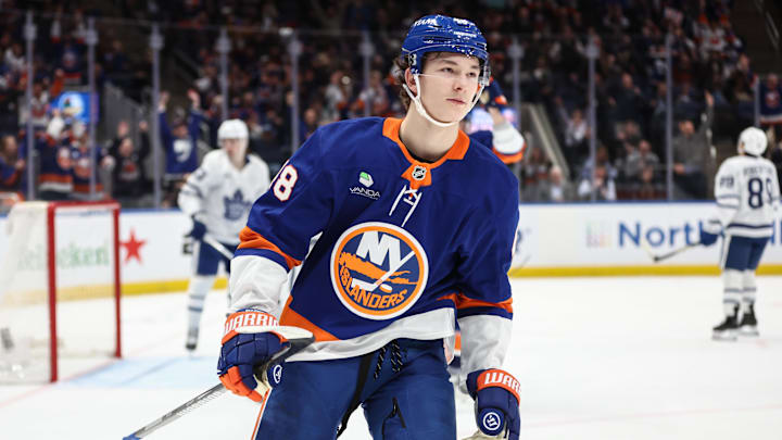 Apr 9, 2026; Elmont, New York, USA; New York Islanders defenseman Matthew Schaefer (48) reacts after scoring a goal in the second period against the Toronto Maple Leafs at UBS Arena. Mandatory Credit: Wendell Cruz-Imagn Images Apr 9, 2026; Elmont, New York, USA; New York Islanders defenseman Matthew Schaefer (48) reacts after scoring a goal in the second period against the Toronto Maple Leafs at UBS Arena. Mandatory Credit: Wendell Cruz-Imagn Images