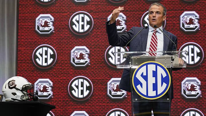 Jul 19, 2022; Atlanta, GA, USA; South Carolina head coach Shane Beamer on the stage talking to the media during SEC Media Days at the College Football Hall of Fame. Mandatory Credit: Dale Zanine-Imagn Images