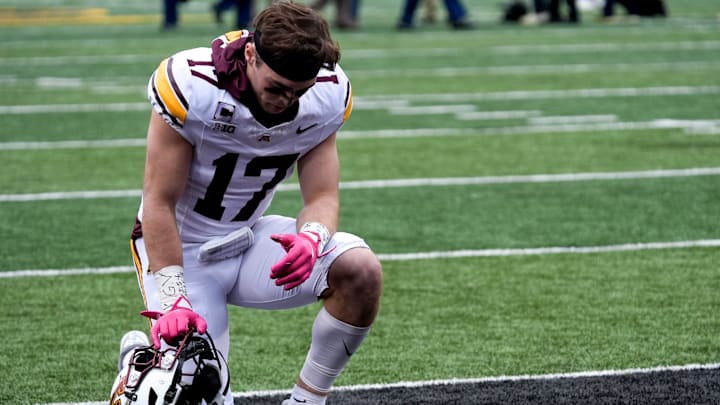 Minnesota Golden Gophers defensive back John Nestor (17) kneels in the endzone before a football game against the Iowa Hawkeyes Oct. 25, 2025 at Kinnick Stadium in Iowa City, Iowa.