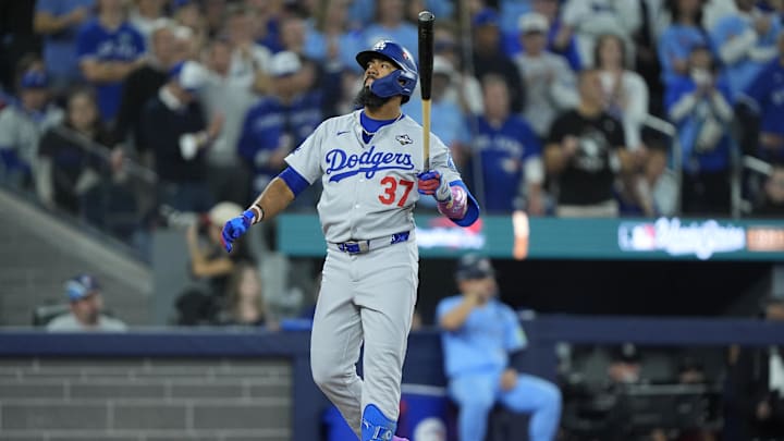 Oct 31, 2025; Toronto, Ontario, CAN; Los Angeles Dodgers right fielder Teoscar Hernandez (37) reacts after a strik in the eighth inning against the Toronto Blue Jays during game six of the 2025 MLB World Series at Rogers Centre. 