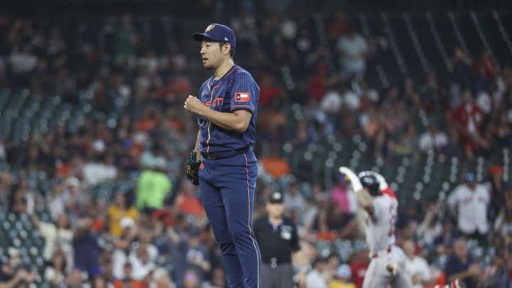 Houston Astros starting pitcher Yusei Kikuchi (16) reacts and Boston Red Sox center fielder Jarren Duran (16) rounds the bases after hitting a home run during the first inning at Minute Maid Park on Aug 19. Houston Astros starting pitcher Yusei Kikuchi (16) reacts and Boston Red Sox center fielder Jarren Duran (16) rounds the bases after hitting a home run during the first inning at Minute Maid Park on Aug 19.