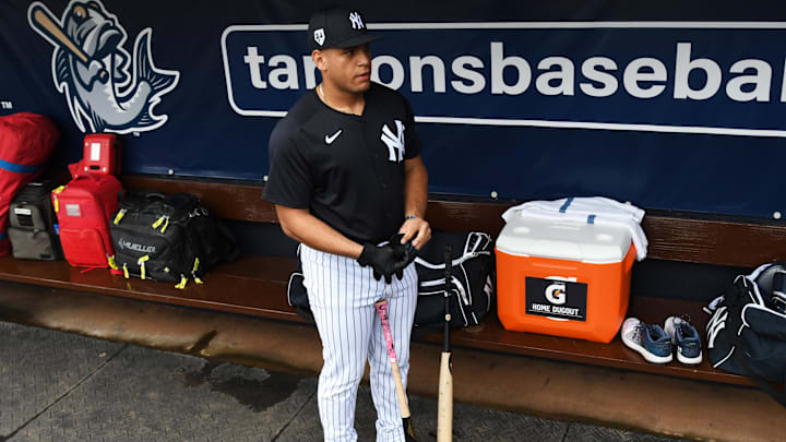 Tampa, FL, USA; New York Yankees catcher Agustin Ramirez (96) prepares for batting practice at George M. Steinbrenner Field.