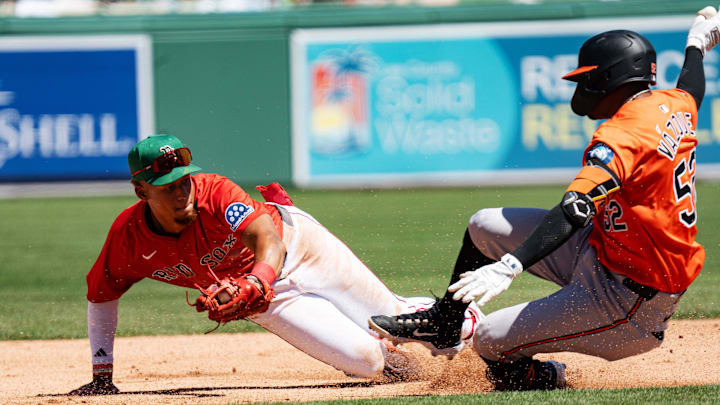 Kristian Campbell, of the Boston Red Sox tags out Luis Vasquez of the Baltimore Orioles at second base during a Spring Training game at JetBlue Park in Fort Myers on Monday, March 17, 2025.