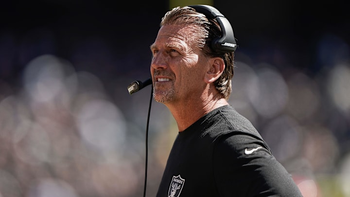 Sep 15, 2019; Oakland, CA, USA; Oakland Raiders offensive coordinator Greg Olson watches the game against the Kansas City Chiefs during the first quarter at the Oakland Coliseum. Mandatory Credit: Stan Szeto-Imagn Images