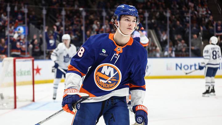 Apr 9, 2026; Elmont, New York, USA;  New York Islanders defenseman Matthew Schaefer (48) reacts after scoring a goal in the second period against the Toronto Maple Leafs at UBS Arena. Mandatory Credit: Wendell Cruz-Imagn Images