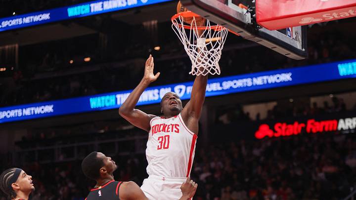 Jan 29, 2026; Atlanta, Georgia, USA; Houston Rockets center Clint Capela (30) shoots against the Atlanta Hawks in the fourth quarter at State Farm Arena. Mandatory Credit: Brett Davis-Imagn Images Jan 29, 2026; Atlanta, Georgia, USA; Houston Rockets center Clint Capela (30) shoots against the Atlanta Hawks in the fourth quarter at State Farm Arena. Mandatory Credit: Brett Davis-Imagn Images