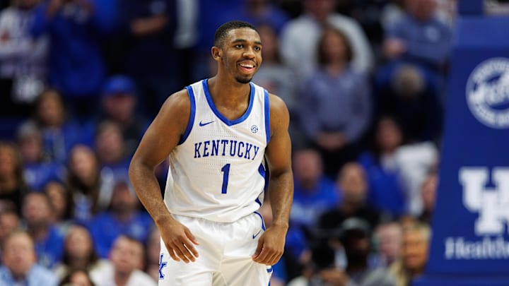 Dec 14, 2024; Lexington, Kentucky, USA; Kentucky Wildcats guard Lamont Butler (1) smiles during the second half against the Louisville Cardinals at Rupp Arena at Central Bank Center. Mandatory Credit: Jordan Prather-Imagn Images