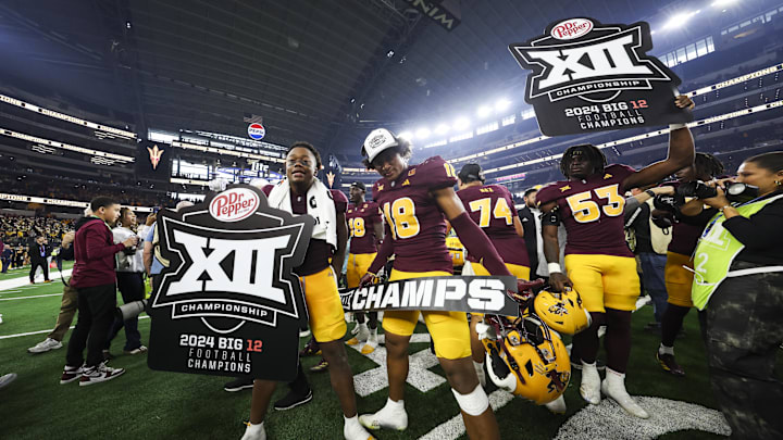 Dec 7, 2024; Arlington, TX, USA;  Iowa State Cyclones defensive back David Coffey (18) celebrates with teammates after the game against the Iowa State Cyclones at AT&T Stadium. Mandatory Credit: Kevin Jairaj-Imagn Images