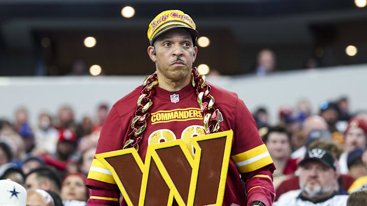 Jan 5, 2025; Arlington, Texas, USA; Washington Commanders fan during the second half against the Dallas Cowboys at AT&T Stadium. Mandatory Credit: Kevin Jairaj-Imagn Images Jan 5, 2025; Arlington, Texas, USA; Washington Commanders fan during the second half against the Dallas Cowboys at AT&T Stadium. Mandatory Credit: Kevin Jairaj-Imagn Images