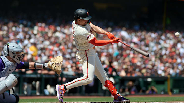 May 4, 2025; San Francisco, California, USA; San Francisco Giants shortstop Willy Adames (2) hits an RBI double against the Colorado Rockies during the fifth inning at Oracle Park. May 4, 2025; San Francisco, California, USA; San Francisco Giants shortstop Willy Adames (2) hits an RBI double against the Colorado Rockies during the fifth inning at Oracle Park.