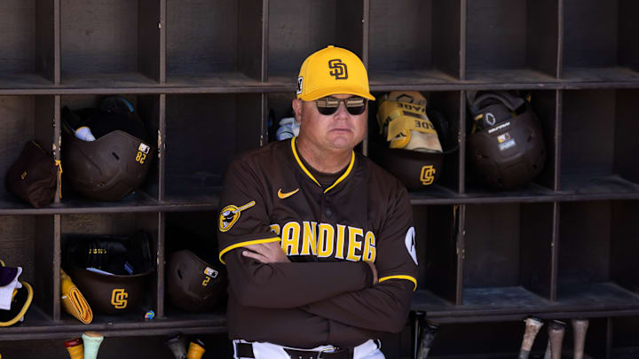 Mar 11, 2025; Peoria, Arizona, USA; San Diego Padres manager Mike Shildt against the Chicago White Sox during a spring training game at Peoria Sports Complex. Mandatory Credit: Mark J. Rebilas-Imagn Images