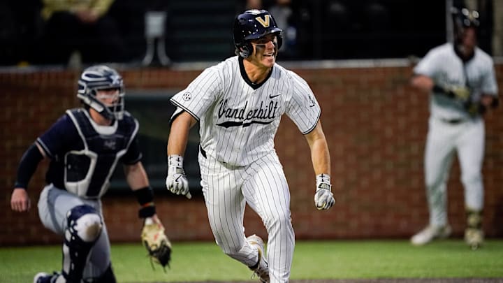 Vanderbilt first baseman Riley Nelson (32) watches his RBI single against Xavier during the fourth inning at Hawkins Field in Nashville, Tenn., Friday, March 7, 2025. Vanderbilt won 15-3 in seven innings. Vanderbilt first baseman Riley Nelson (32) watches his RBI single against Xavier during the fourth inning at Hawkins Field in Nashville, Tenn., Friday, March 7, 2025. Vanderbilt won 15-3 in seven innings.