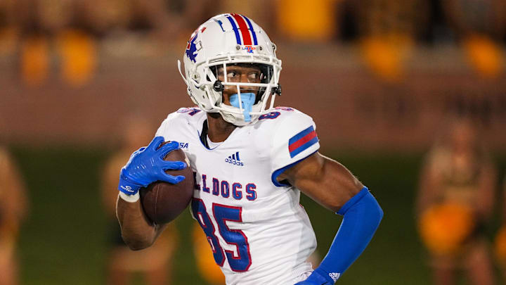 Sep 1, 2022; Columbia, Missouri, USA; Louisiana Tech Bulldogs wide receiver Cyrus Allen (85) runs for a touchdown against the Missouri Tigers during the second half at Faurot Field at Memorial Stadium. Mandatory Credit: Jay Biggerstaff-USA TODAY Sports