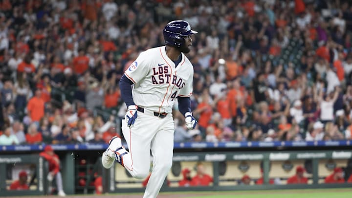 Sep 21, 2024; Houston, Texas, USA; Houston Astros designated hitter Yordan Alvarez (44) hits a double against the Los Angeles Angels in the first inning at Minute Maid Park. Mandatory Credit: Thomas Shea-Imagn Images Sep 21, 2024; Houston, Texas, USA; Houston Astros designated hitter Yordan Alvarez (44) hits a double against the Los Angeles Angels in the first inning at Minute Maid Park. Mandatory Credit: Thomas Shea-Imagn Images