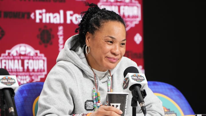 South Carolina Gamecocks head coach Dawn Staley speaks to the media from Mortgage Matchup Center on April 4, 2026. South Carolina Gamecocks head coach Dawn Staley speaks to the media from Mortgage Matchup Center on April 4, 2026.
