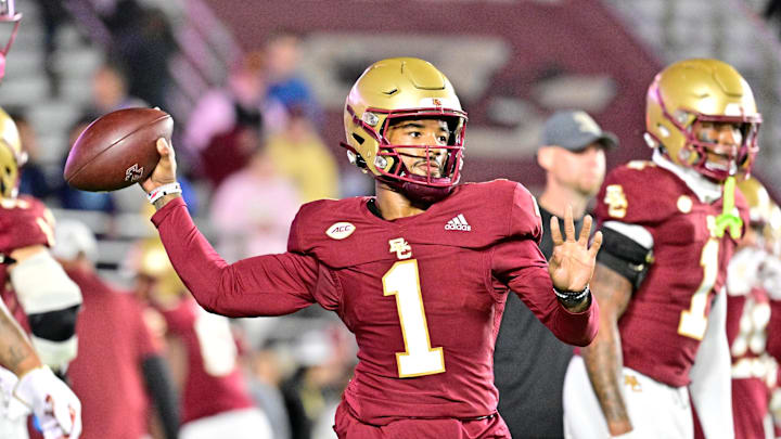 Oct 25, 2024; Chestnut Hill, Massachusetts, USA; Boston College Eagles quarterback Thomas Castellanos (1) warms up before a game against the Louisville Cardinals at Alumni Stadium. Mandatory Credit: Eric Canha-Imagn Images