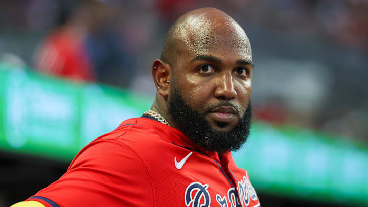 Jul 4, 2025; Atlanta, Georgia, USA; Atlanta Braves designated hitter Marcell Ozuna (20) in the dugout against the Baltimore Orioles in the sixth inning at Truist Park. Mandatory Credit: Brett Davis-Imagn Images
