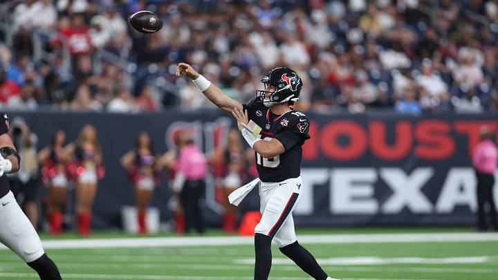 Aug 13, 2026; Houston, Texas, USA;  Houston Texans quarterback Graham Mertz (18) attempts a pass during the game against the Los Angeles Chargers at Reliant Stadium. Mandatory Credit: Troy Taormina-Imagn Images