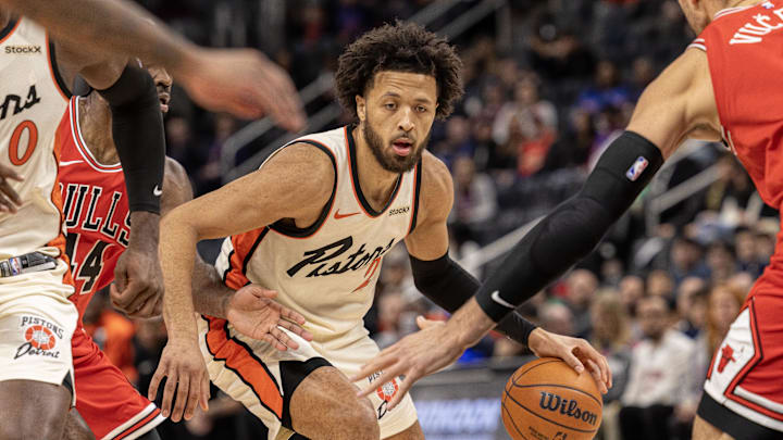 Nov 18, 2024; Detroit, Michigan, USA; Detroit Pistons guard Cade Cunningham (2) controls the ball against the Chicago Bulls during the first half at Little Caesars Arena. Mandatory Credit: David Reginek-Imagn Images