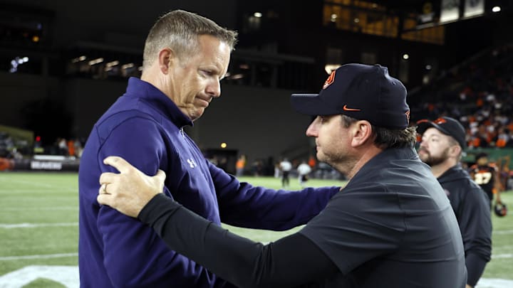 Portland, Oregon, USA; Montana State Bobcats head coach Brent Vigen (left) and Oregon State Beavers head coach Jonathan Smith (right) greet after the game at Providence Park. Portland, Oregon, USA; Montana State Bobcats head coach Brent Vigen (left) and Oregon State Beavers head coach Jonathan Smith (right) greet after the game at Providence Park.