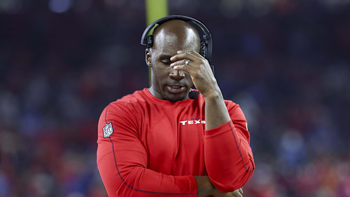 Nov 10, 2024; Houston, Texas, USA; Houston Texans head coach DeMeco Ryans reacts during the third quarter against the Detroit Lions at NRG Stadium. Mandatory Credit: Troy Taormina-Imagn Images