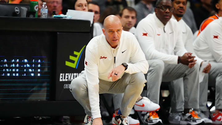 Feb 21, 2026; Boulder, Colorado, USA; Oklahoma State Cowboys head coach Steve Lutz during the game against the Colorado Buffaloes att the CU Events Center. Mandatory Credit: Ron Chenoy-Imagn Images Feb 21, 2026; Boulder, Colorado, USA; Oklahoma State Cowboys head coach Steve Lutz during the game against the Colorado Buffaloes att the CU Events Center. Mandatory Credit: Ron Chenoy-Imagn Images
