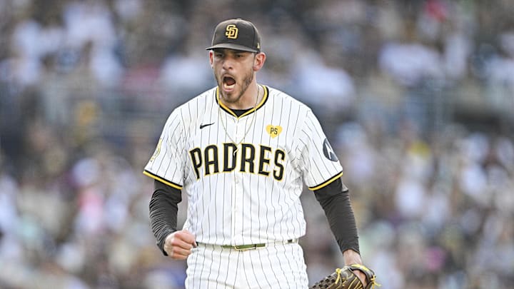Sep 2, 2024; San Diego, California, USA; San Diego Padres starting pitcher Joe Musgrove (44) reacts after striking out Detroit Tigers first baseman Spencer Torkelson (not pictured) during the fourth inning at Petco Park. Mandatory Credit: Denis Poroy-Imagn Images Sep 2, 2024; San Diego, California, USA; San Diego Padres starting pitcher Joe Musgrove (44) reacts after striking out Detroit Tigers first baseman Spencer Torkelson (not pictured) during the fourth inning at Petco Park. Mandatory Credit: Denis Poroy-Imagn Images