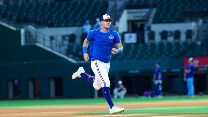 Jun 9, 2024; Arlington, Texas, USA; Texas Rangers injured third baseman Josh Jung runs before the game against the San Francisco Giants at Globe Life Field. Jun 9, 2024; Arlington, Texas, USA; Texas Rangers injured third baseman Josh Jung runs before the game against the San Francisco Giants at Globe Life Field.