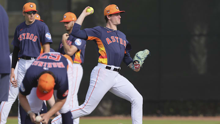 Houston Astros starting pitcher Forrest Whitley (60) works out during spring training practice at CACTI Park of the Palm Beaches.