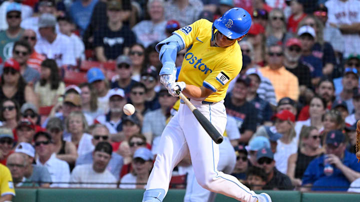Jul 12, 2025; Boston, Massachusetts, USA; Boston Red Sox left fielder Roman Anthony (19) hits a double against the Tampa Bay Rays during the fourth inning at Fenway Park. Mandatory Credit: Eric Canha-Imagn Images Jul 12, 2025; Boston, Massachusetts, USA; Boston Red Sox left fielder Roman Anthony (19) hits a double against the Tampa Bay Rays during the fourth inning at Fenway Park. Mandatory Credit: Eric Canha-Imagn Images