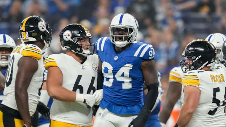 Indianapolis Colts defensive end Tyquan Lewis (94) celebrates after a play Sunday, Sept. 29, 2024, during a game against the Pittsburgh Steelers at Lucas Oil Stadium in Indianapolis.